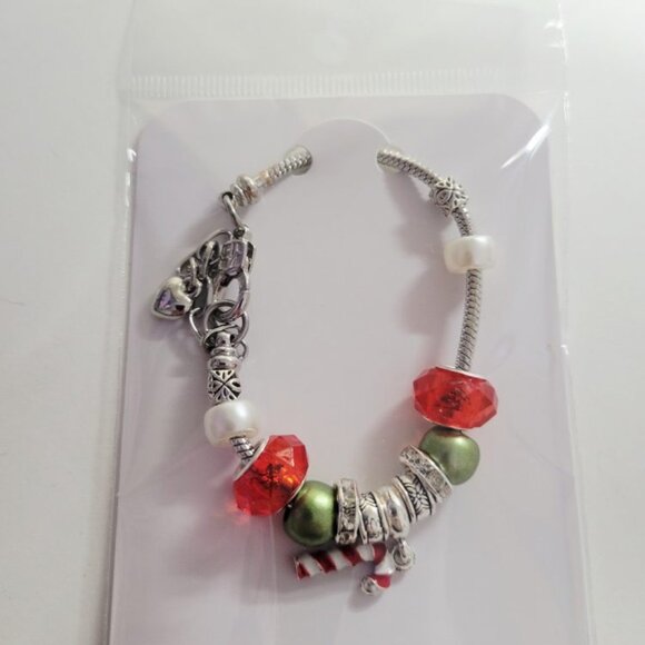 NWT S/M Pandora Style Charm Bracelet Christmas Candy Cane Red, Green, Silver - Picture 2 of 5